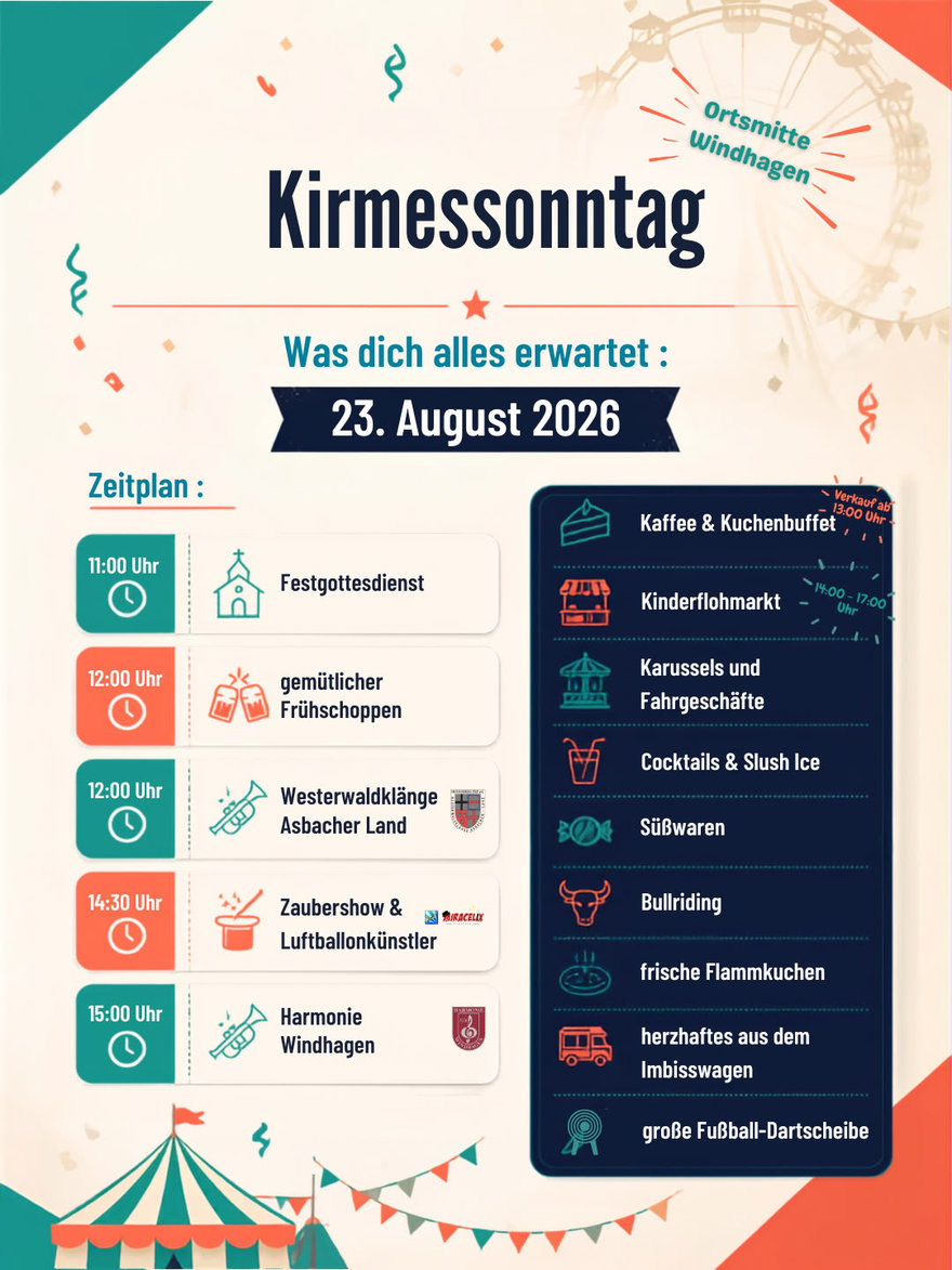 Kinderflohmarkt in Windhagen am 23.08.26 von 14 bis 17 Uhr.